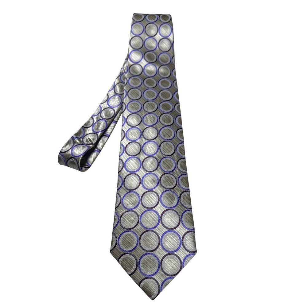 Vintage Adolfo Mens‎ XL Silk Tie Silver Purple Geometric Circles Textured